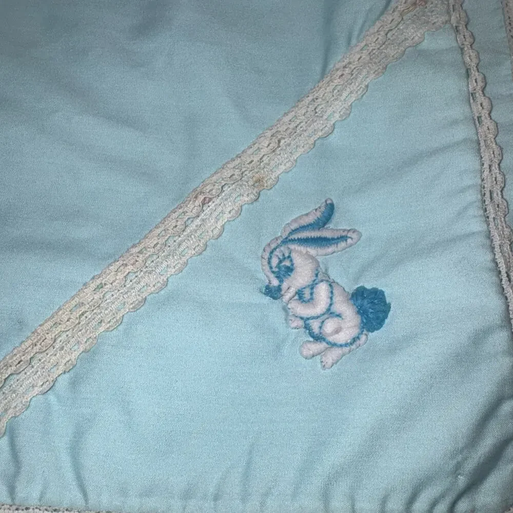 Vtg 60s 70s Baby Blanket Blue Embroidered Bunny Crochet Lace Cottagecore 43x39”